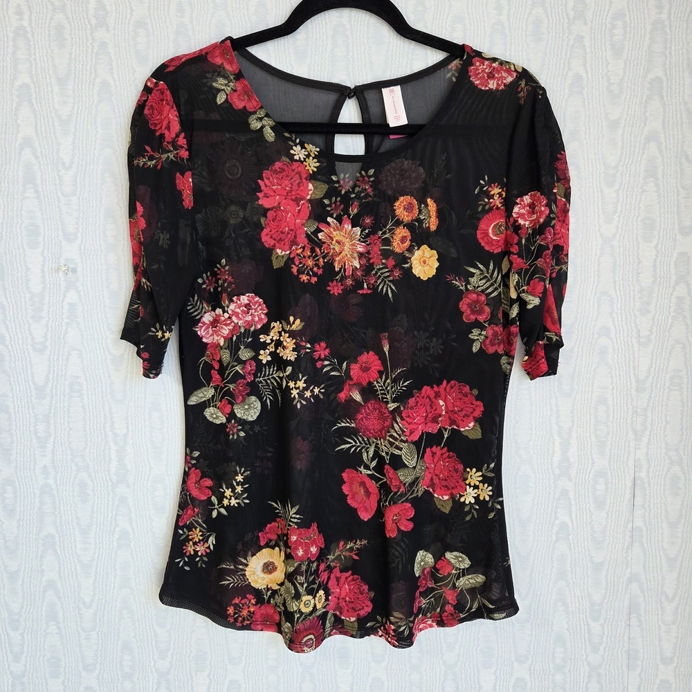 No Boundaries Womens L Sheer Mesh Top Dark Floral Whimsygoth 90s Fairy Grunge